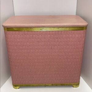 Vintage 1950’s pink wicker & vinyl metal laundry hamper & gold trim